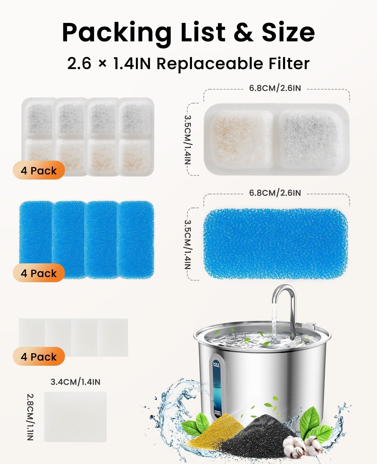 Oneisall 2L Cat Water Fountain 4PCS Carbon Filters Replacement